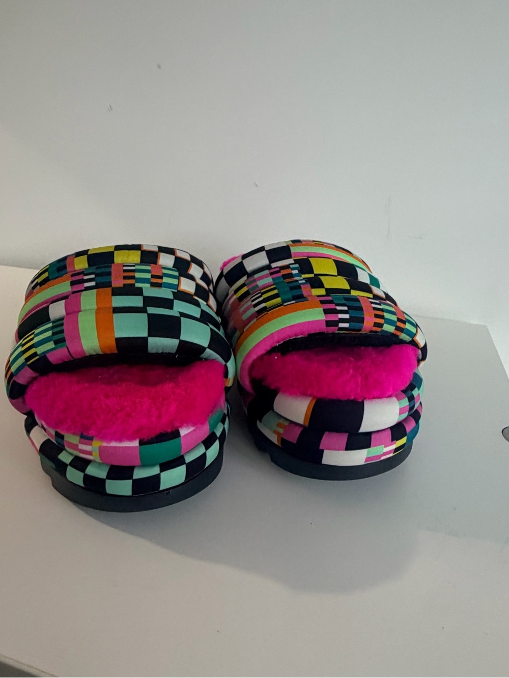 Kids Multicolor Check Plush Slide Slippers - Hot Pink Lining
